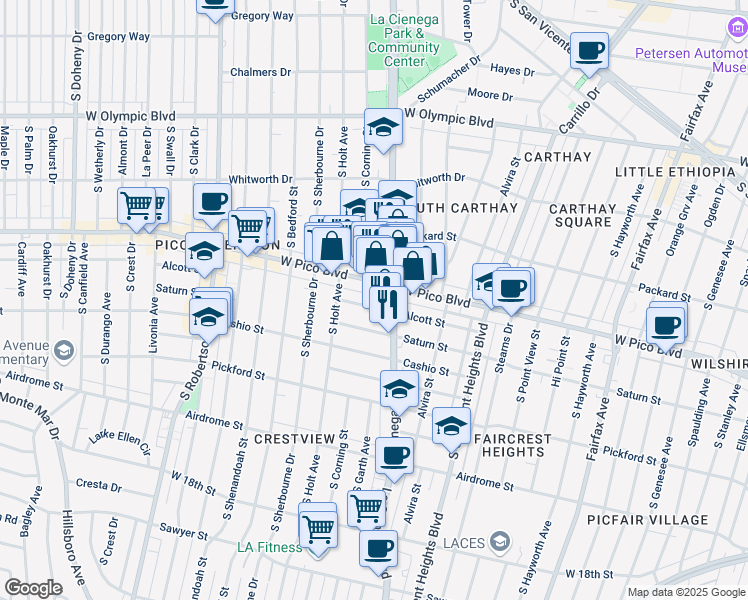 map of restaurants, bars, coffee shops, grocery stores, and more near 8523 Alcott Street in Los Angeles