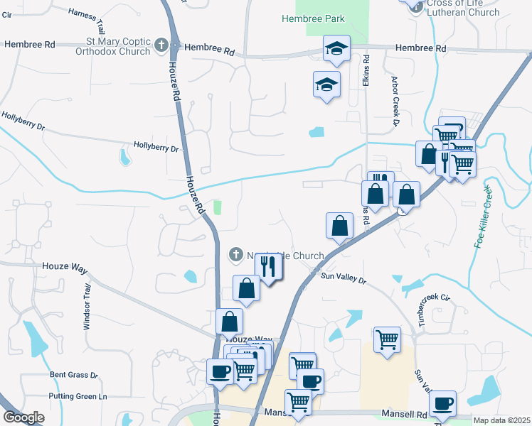 map of restaurants, bars, coffee shops, grocery stores, and more near 500 Sun Valley Drive in Roswell