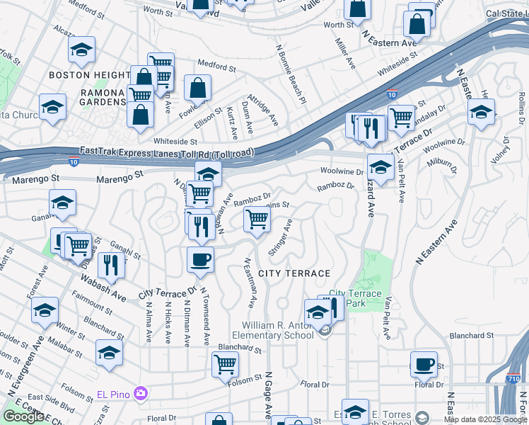 map of restaurants, bars, coffee shops, grocery stores, and more near 3732 Dwiggins Street in Los Angeles