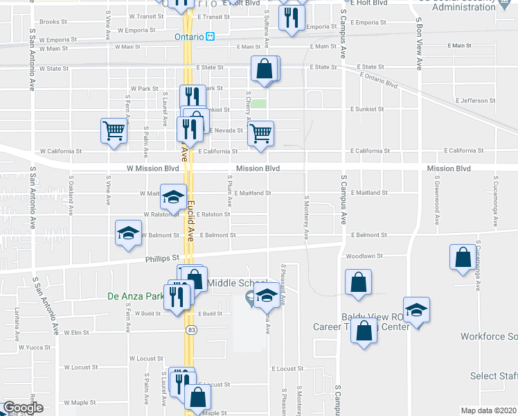 map of restaurants, bars, coffee shops, grocery stores, and more near 417 East Ralston Street in Ontario