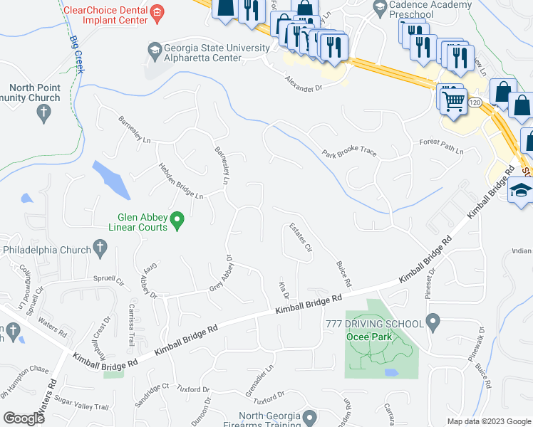 map of restaurants, bars, coffee shops, grocery stores, and more near 3950 Grey Abbey Drive in Alpharetta