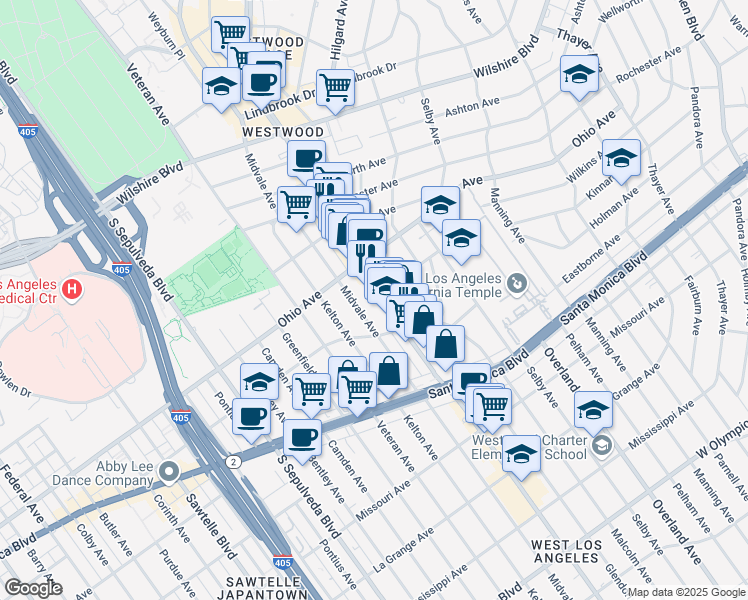 map of restaurants, bars, coffee shops, grocery stores, and more near 1561 Westwood Boulevard in Los Angeles