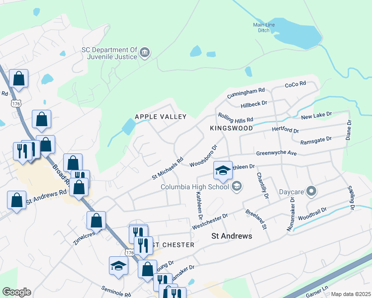 map of restaurants, bars, coffee shops, grocery stores, and more near 1823 Saint Michaels Road in Columbia