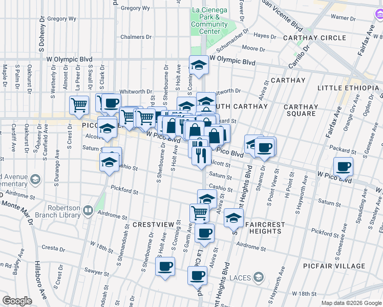 map of restaurants, bars, coffee shops, grocery stores, and more near 8523 Alcott Street in Los Angeles