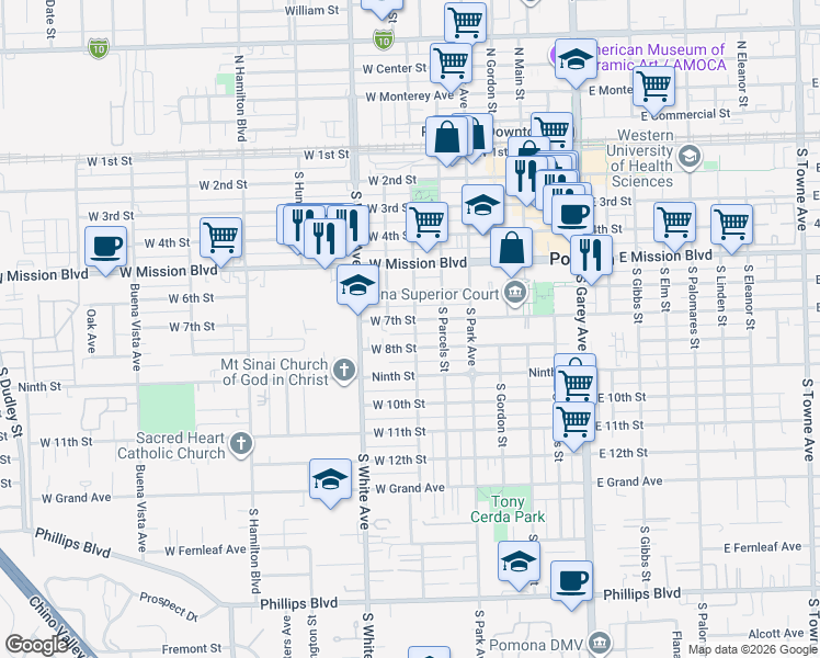 map of restaurants, bars, coffee shops, grocery stores, and more near 712 West 7th Street in Pomona