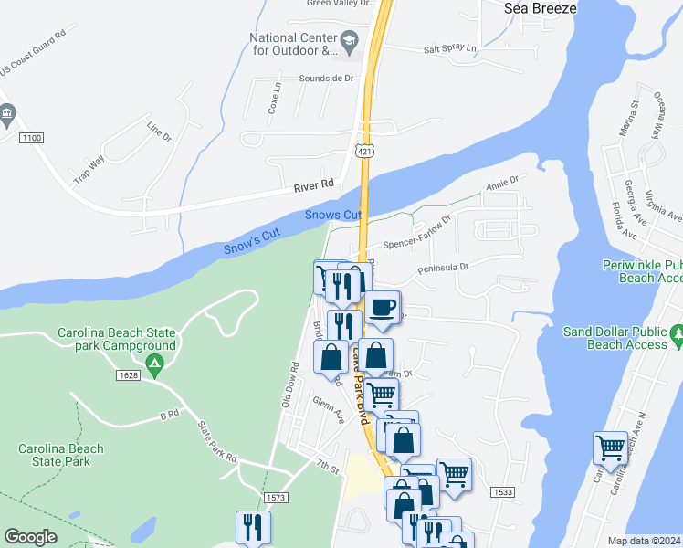 map of restaurants, bars, coffee shops, grocery stores, and more near 615 Spencer-Farlow Drive in Carolina Beach