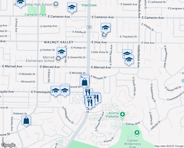 map of restaurants, bars, coffee shops, grocery stores, and more near 1813 East Michelle Street in West Covina