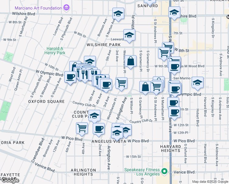 map of restaurants, bars, coffee shops, grocery stores, and more near 3551 West Olympic Boulevard in Los Angeles