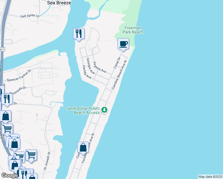map of restaurants, bars, coffee shops, grocery stores, and more near 1418 Canal Drive in Carolina Beach
