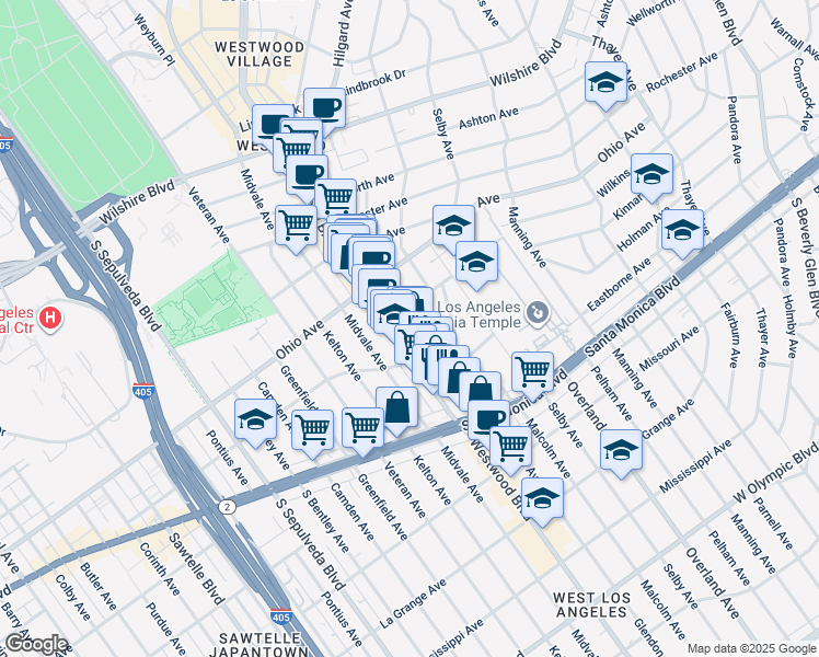 map of restaurants, bars, coffee shops, grocery stores, and more near 10838 Holman Avenue in Los Angeles