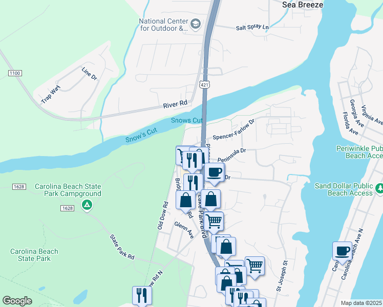 map of restaurants, bars, coffee shops, grocery stores, and more near 625 Spencer-Farlow Drive in Carolina Beach