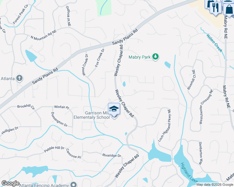 map of restaurants, bars, coffee shops, grocery stores, and more near 4259 Wesley Chapel Road in Marietta