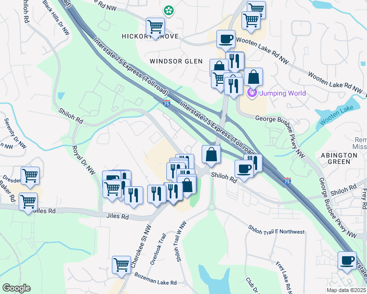 map of restaurants, bars, coffee shops, grocery stores, and more near 405 Walton Green Way Northwest in Kennesaw