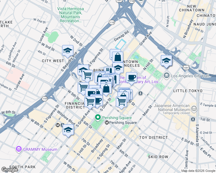 map of restaurants, bars, coffee shops, grocery stores, and more near 333 Grand Lower in Los Angeles