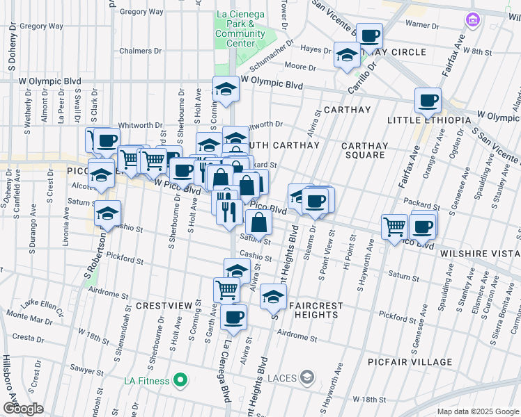 map of restaurants, bars, coffee shops, grocery stores, and more near 6116 West Pico Boulevard in Los Angeles
