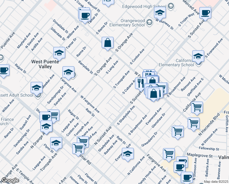 map of restaurants, bars, coffee shops, grocery stores, and more near 1528 West Delvale Street in West Covina