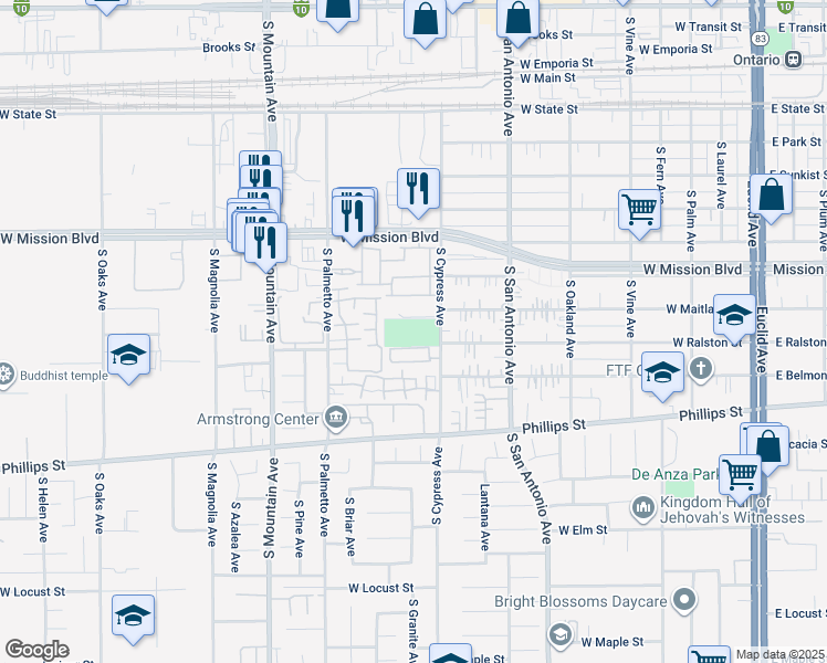 map of restaurants, bars, coffee shops, grocery stores, and more near 1030 South Cypress Avenue in Ontario