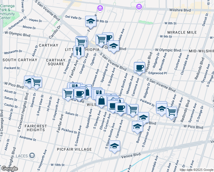 map of restaurants, bars, coffee shops, grocery stores, and more near 1243 South Stanley Avenue in Los Angeles