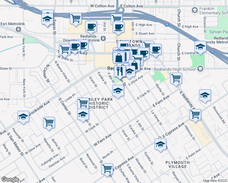 map of restaurants, bars, coffee shops, grocery stores, and more near 120 West Olive Avenue in Redlands
