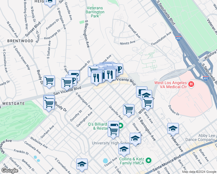 map of restaurants, bars, coffee shops, grocery stores, and more near 11706 Dorothy Street in Los Angeles