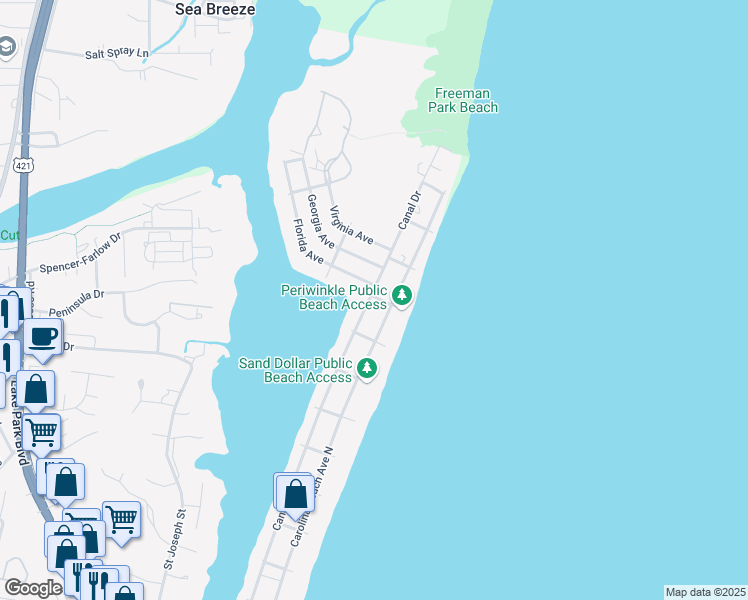 map of restaurants, bars, coffee shops, grocery stores, and more near 1418 Canal Drive in Carolina Beach