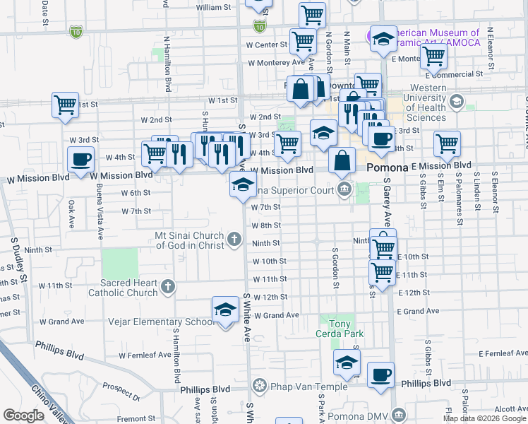 map of restaurants, bars, coffee shops, grocery stores, and more near 794 West 7th Street in Pomona