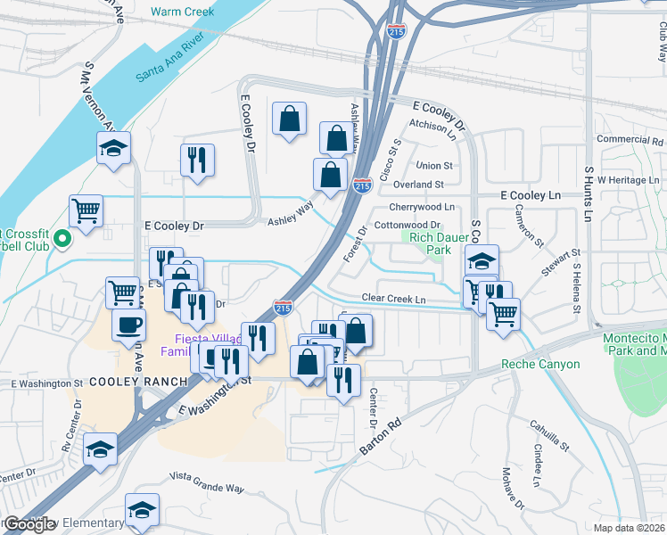 map of restaurants, bars, coffee shops, grocery stores, and more near 1033 Forest Drive in Colton