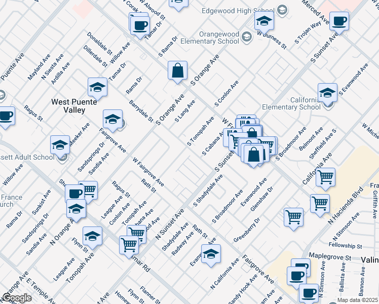 map of restaurants, bars, coffee shops, grocery stores, and more near 1528 West Delvale Street in West Covina