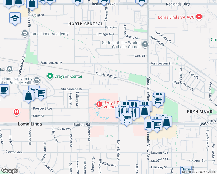map of restaurants, bars, coffee shops, grocery stores, and more near 25421 Cole Street in Loma Linda