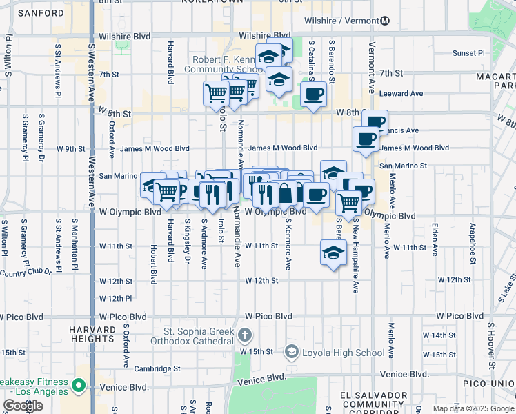 map of restaurants, bars, coffee shops, grocery stores, and more near 2949 West Olympic Boulevard in Los Angeles