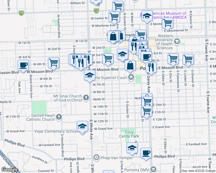 map of restaurants, bars, coffee shops, grocery stores, and more near 650 West 7th Street in Pomona