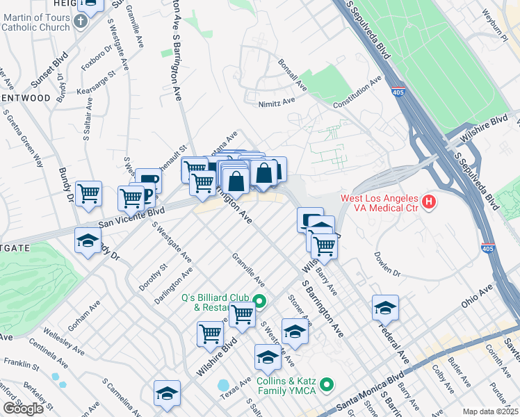 map of restaurants, bars, coffee shops, grocery stores, and more near 11668 Darlington Avenue in Los Angeles