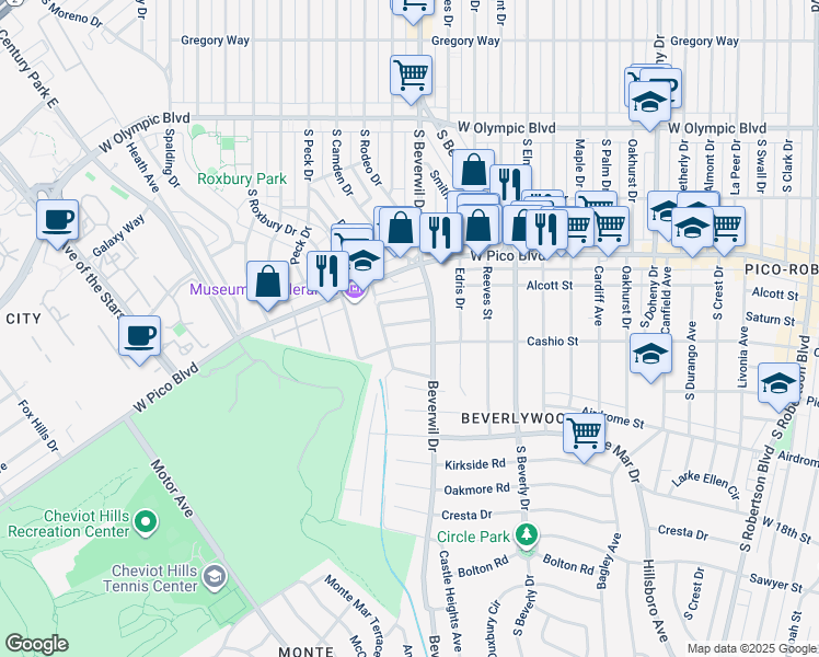 map of restaurants, bars, coffee shops, grocery stores, and more near 9722 Saturn Street in Los Angeles
