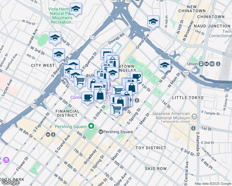 map of restaurants, bars, coffee shops, grocery stores, and more near 220s South Olive Street in Los Angeles