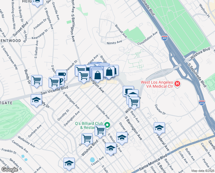 map of restaurants, bars, coffee shops, grocery stores, and more near 11668 Darlington Avenue in Los Angeles
