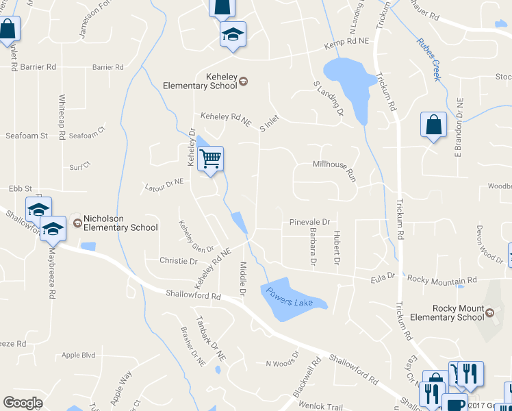 map of restaurants, bars, coffee shops, grocery stores, and more near 4199 Keheley Road Northeast in Marietta