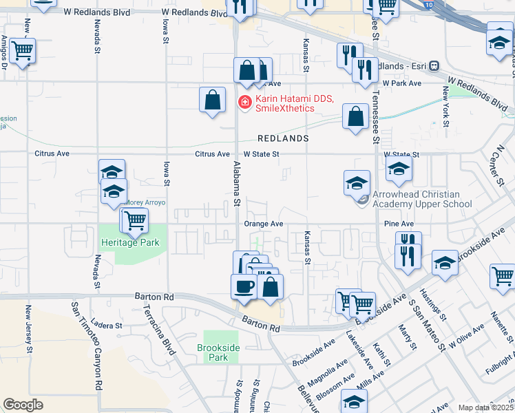 map of restaurants, bars, coffee shops, grocery stores, and more near 1510 Orange Avenue in Redlands