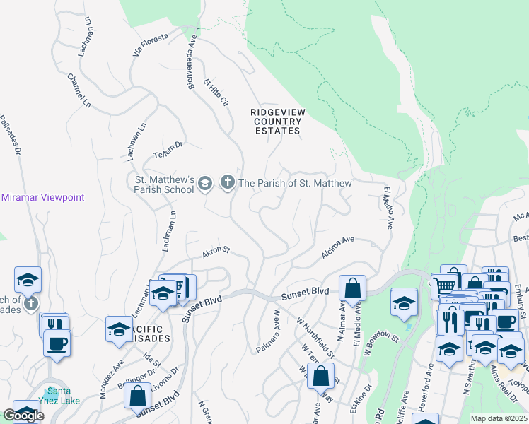 map of restaurants, bars, coffee shops, grocery stores, and more near 1112 Las Pulgas Road in Los Angeles