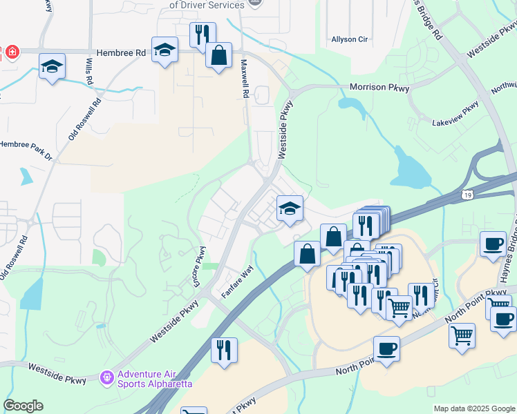 map of restaurants, bars, coffee shops, grocery stores, and more near 11177 Calypso Drive in Alpharetta