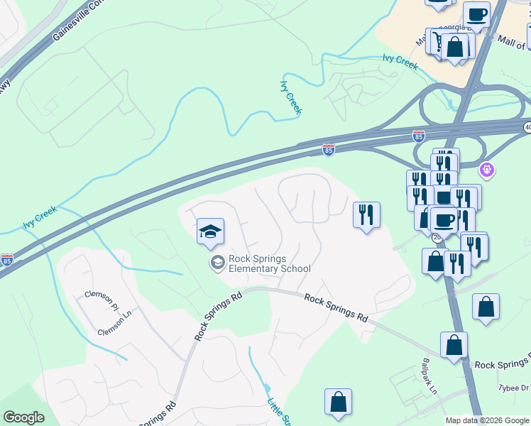 map of restaurants, bars, coffee shops, grocery stores, and more near 1100 Grace Drive in Lawrenceville