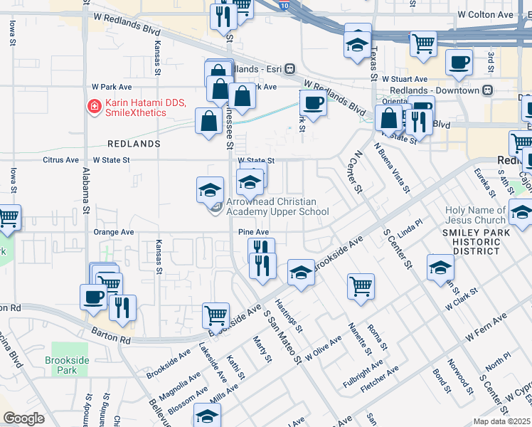 map of restaurants, bars, coffee shops, grocery stores, and more near 130 Tennessee Street in Redlands