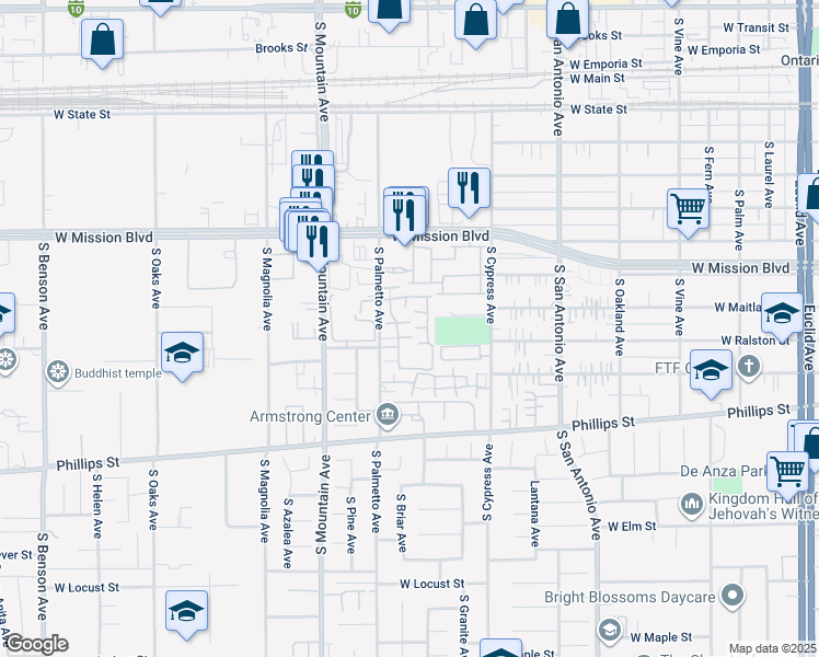 map of restaurants, bars, coffee shops, grocery stores, and more near 1031 South Palmetto Avenue in Ontario