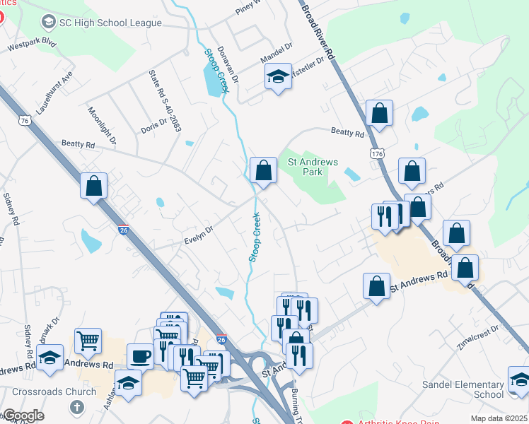 map of restaurants, bars, coffee shops, grocery stores, and more near 1004 Creekside Way in Columbia