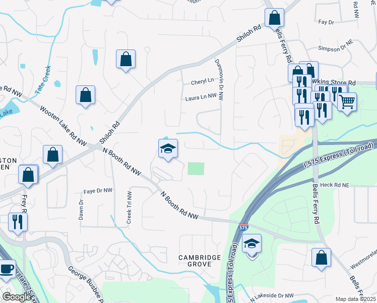 map of restaurants, bars, coffee shops, grocery stores, and more near 4481 Dunmovin Drive Northwest in Kennesaw