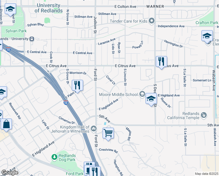 map of restaurants, bars, coffee shops, grocery stores, and more near 134 Kenwood Drive in Redlands