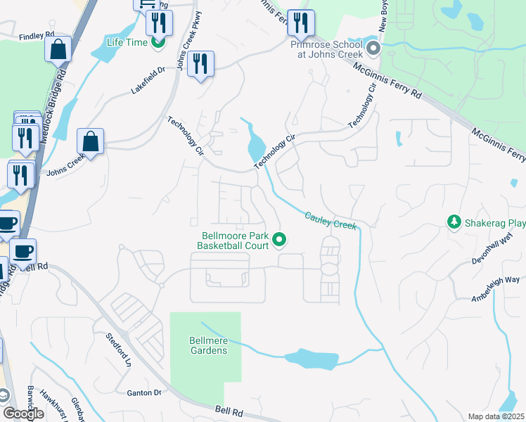 map of restaurants, bars, coffee shops, grocery stores, and more near 11131 Brookhavenclub Drive in Johns Creek