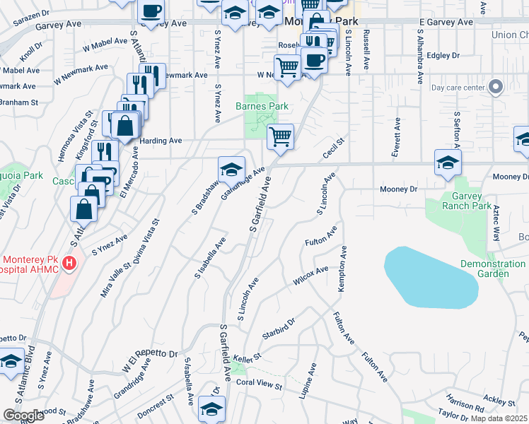 map of restaurants, bars, coffee shops, grocery stores, and more near 714 South Garfield Avenue in Monterey Park