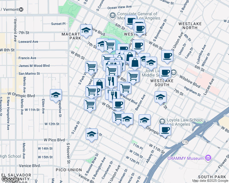 map of restaurants, bars, coffee shops, grocery stores, and more near 2010 West 9th Street in Los Angeles