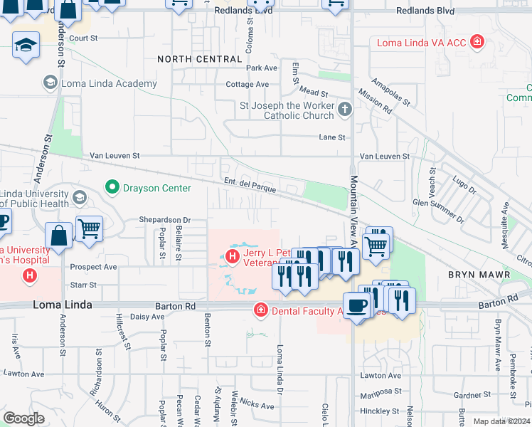 map of restaurants, bars, coffee shops, grocery stores, and more near 25461 Cole Street in Loma Linda