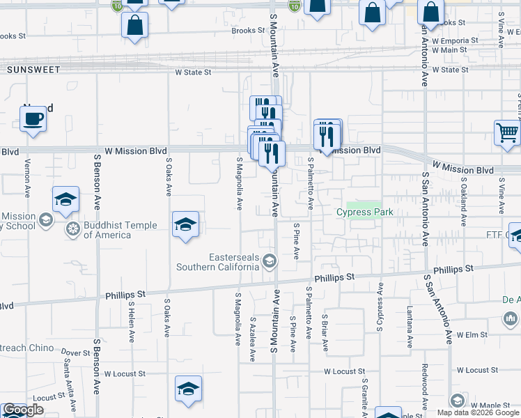 map of restaurants, bars, coffee shops, grocery stores, and more near 1010 South Mountain Avenue in Ontario